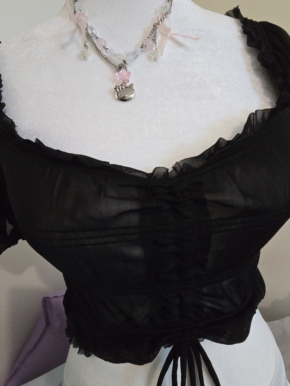 Garage Black Sheer Mesh Ruched Milkmaid Crop Top XS Whimsigoth Puff Sleeve - Picture 5 of 11